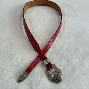 Vintage Chambers red leather belt removable silver buckle size 26 WF570